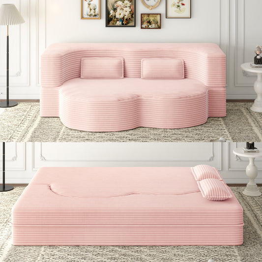 Modern Floor Sofa with 2 Pillows,Convertible Plush Corduroy Foam-Filled Sleeper Sofa Bed,15' Full Size Folding Mattress for Living Room,Guest Bed,no assembly required,Baby Pink