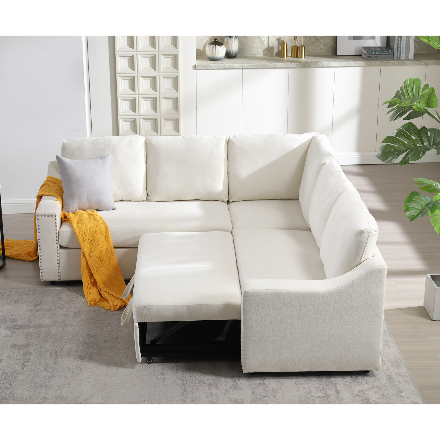 [NEW ARRIVED] [VIDEO PROVIDED]L-shaped sofa with pull-out sofa bed, Corner Sofa,comfortable living room furniture set, sleeper sofa bed,Corner seat for two with broaching sofa,Rivet DeChenille,Beige