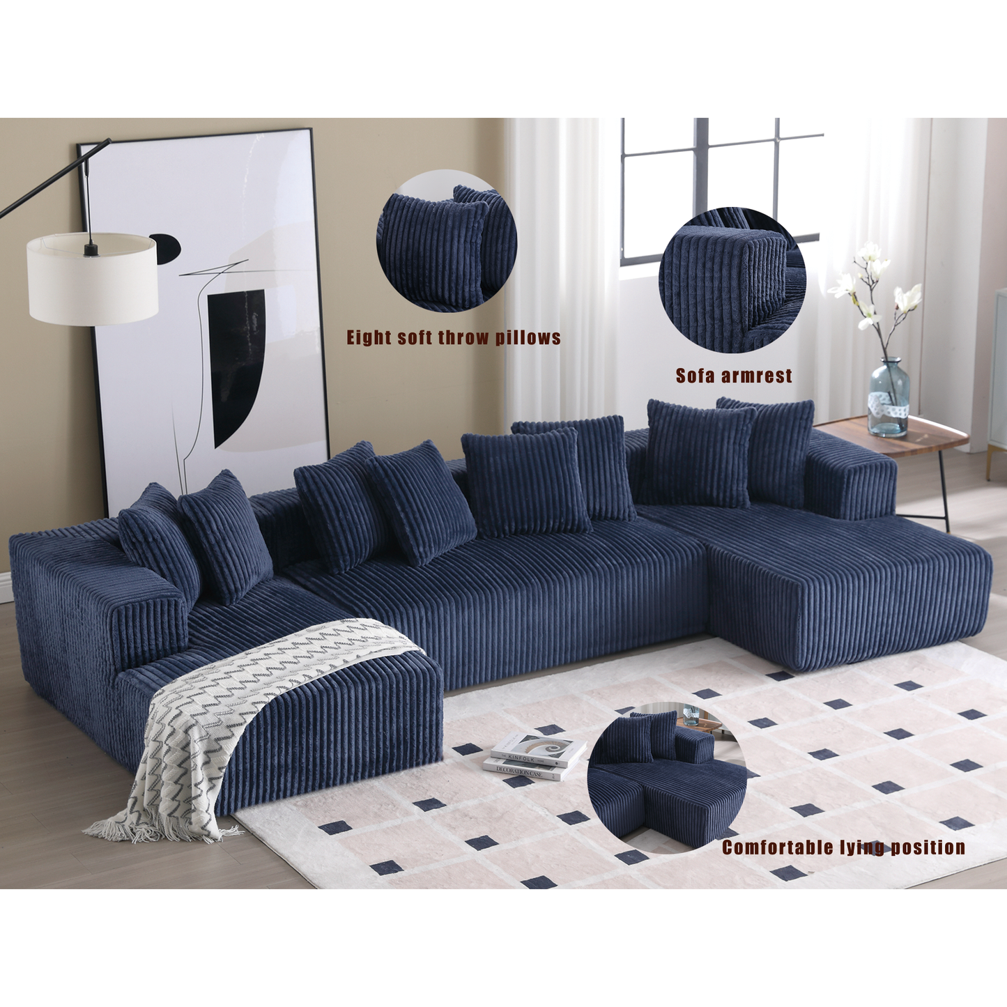 [NEW ARRIVED] [VIDEO PROVIDED]131'' Modular Sectional Couch, U-shaped sofa , Chaise Lounge, Striped fabric,Upholstered 4 Seater Couch for Living Room, Bedroom, Free Combination Sofa (Corduroy), Blue