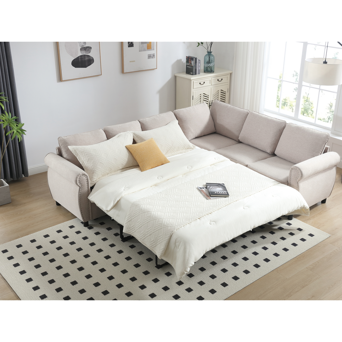 [NEW ARRIVED] [VIDEO PROVIDED] Sleeper Sofa, 2 in 1 Pull Out Couch Bed,6 seater sofa bed, L Shaped Sleeper Sectional Sofa Couch,Riveted sofa,104'' Large combined sofa Bed in living room, Beige