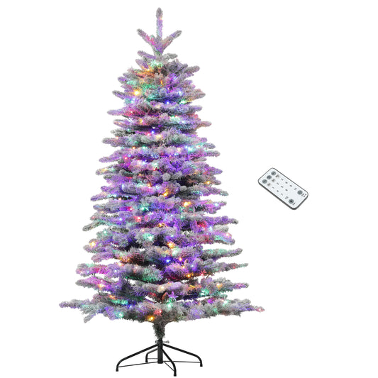 HOMCOM 6.5 ft Pre-Lit Mountain Pine Artificial Christmas Tree, Snow Flocked Christmas Tree, Hinged Xmas Tree with 400 LED Lights and 990 Branch Tips for Holiday Party Decoration, Green