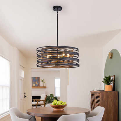 20' Rustic Industrial Pendant Light, 5-Light Black and Walnut Metal Cage Chandelier with Wood Accents for Kitchen Island and Dining Room (No Bulbs)