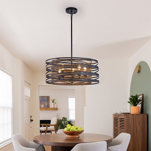 20' Rustic Industrial Pendant Light, 5-Light Black and Walnut Metal Cage Chandelier with Wood Accents for Kitchen Island and Dining Room (No Bulbs)