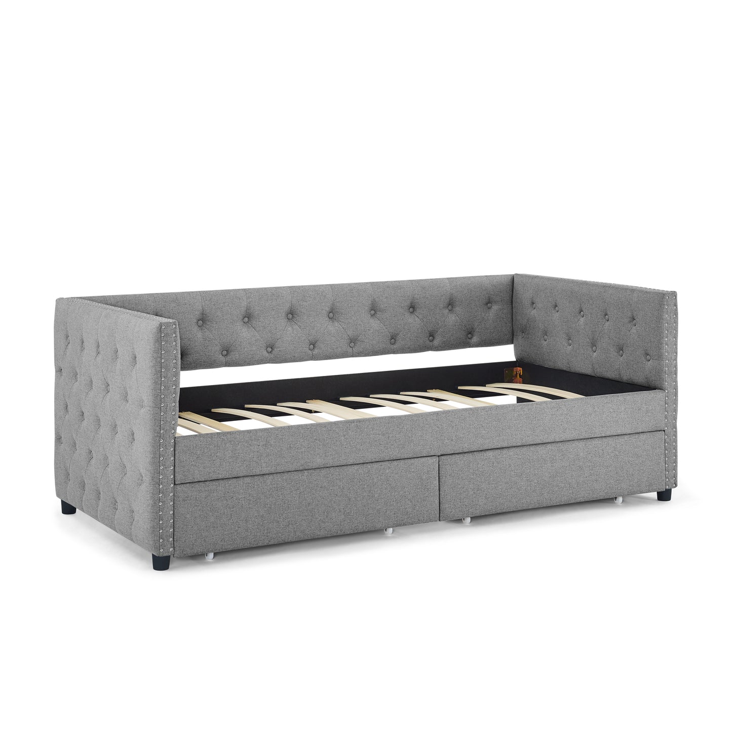 Sofá cama doble tapizado con dos cajones, con botón y clavo de cobre en brazos cuadrados, gris (82.75''x43''x30.75'')