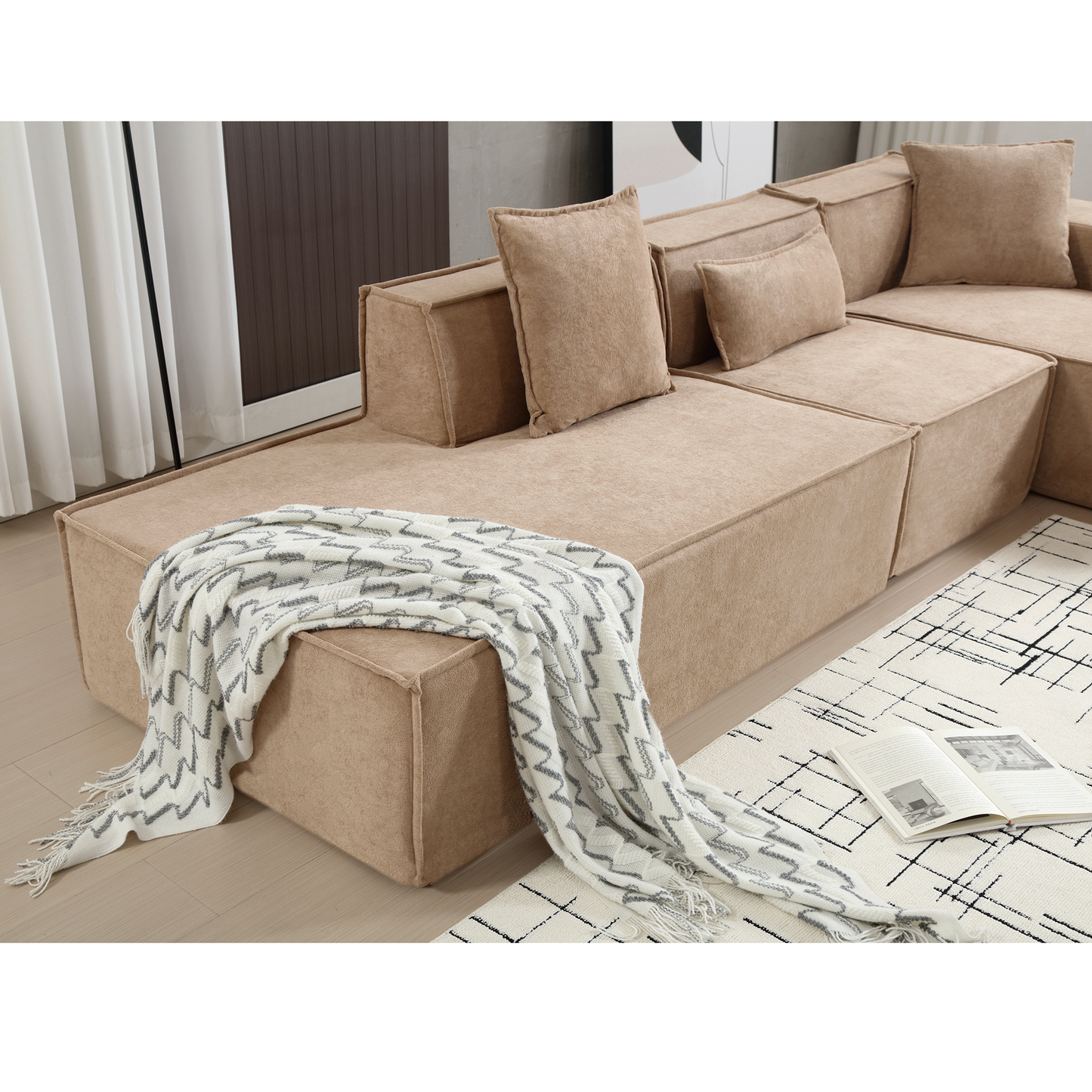 [VIDEO PROVIDED] Modular combination living room sofa set, modern minimalist sofa, free installation sofa, L-shaped, Italian minimalist tofu block sofa,  Right-Hand Facing,Light Brown