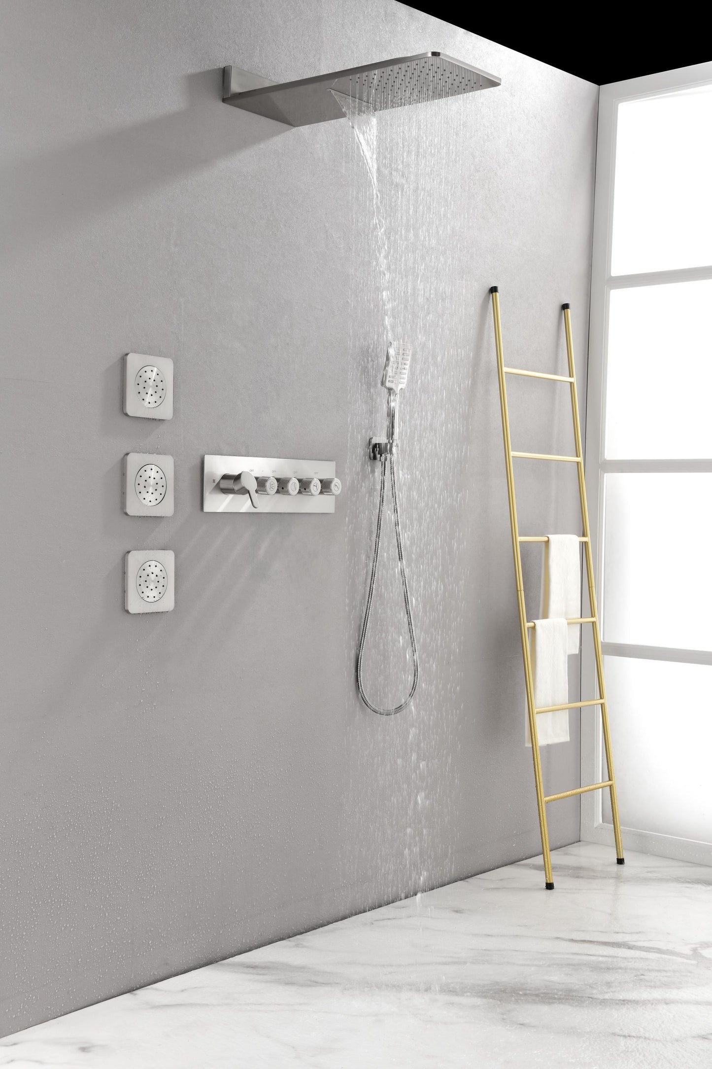 Wall Mounted Waterfall Rain Shower System With 3 Body Sprays & Handheld Shower