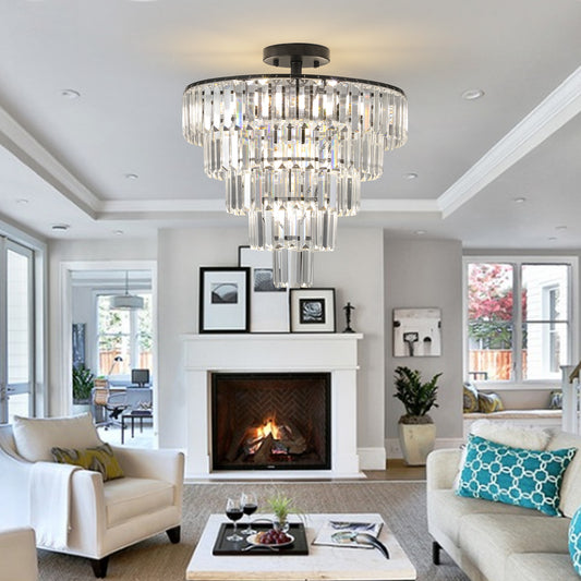 20' Black Crystal Chandelier Ceiling Light, Modern Luxury 10-Light Flush Mount Light Fixture, Elegant Home Lighting for Living Room, Dining Room, Bedroom (No Bulbs)