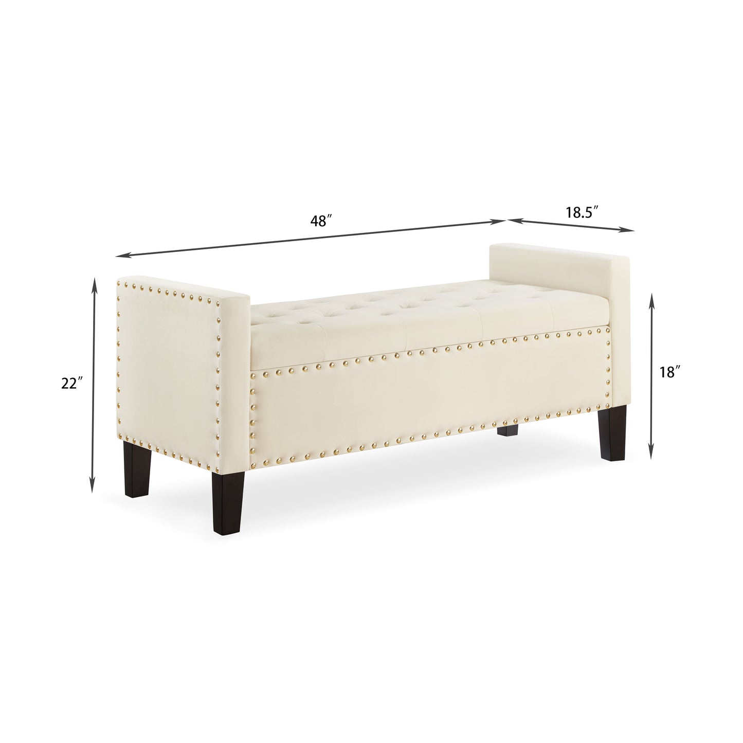 Banco de almacenamiento tapizado con botones capitoné y adorno de clavos,Asiento acolchado suave para sala de estar con reposabrazos,Banco de cama - Crema