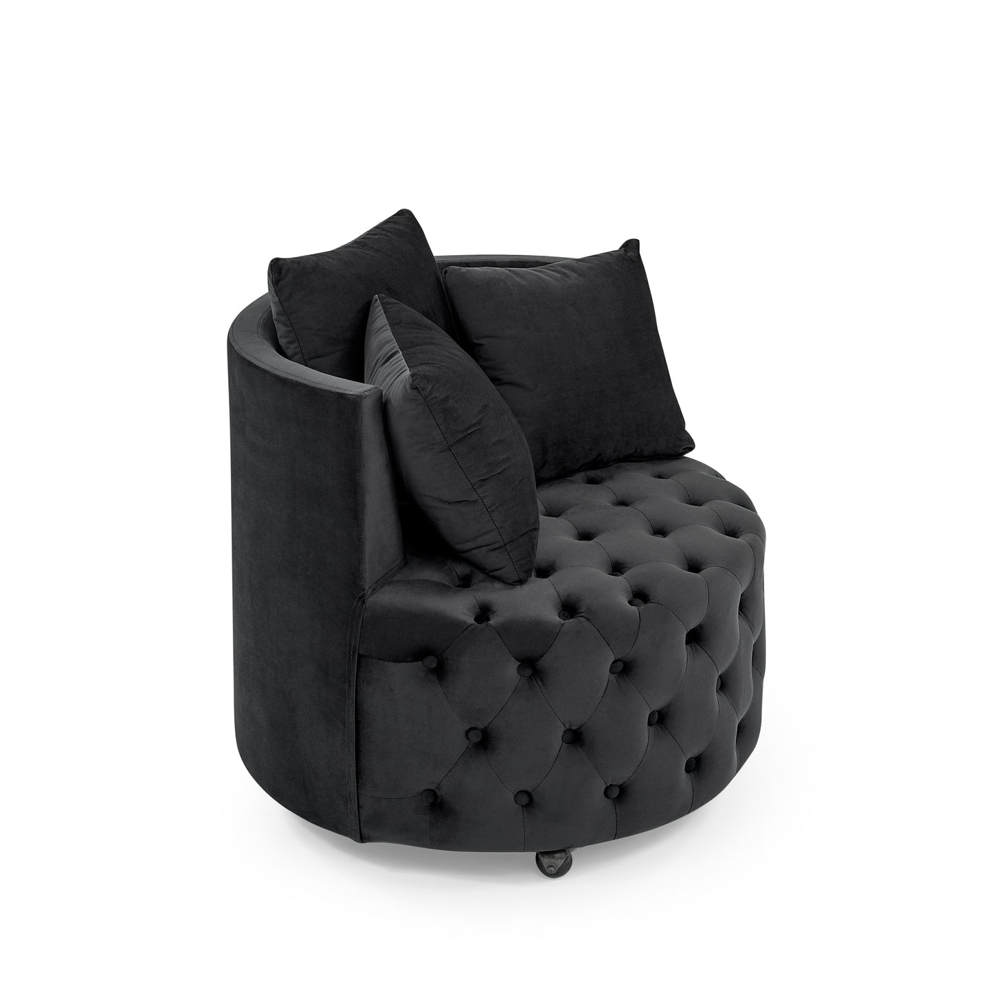 Silla giratoria tapizada en terciopelo para sala de estar, con diseño de botones y ruedas móviles, incluye 3 almohadas, color negro