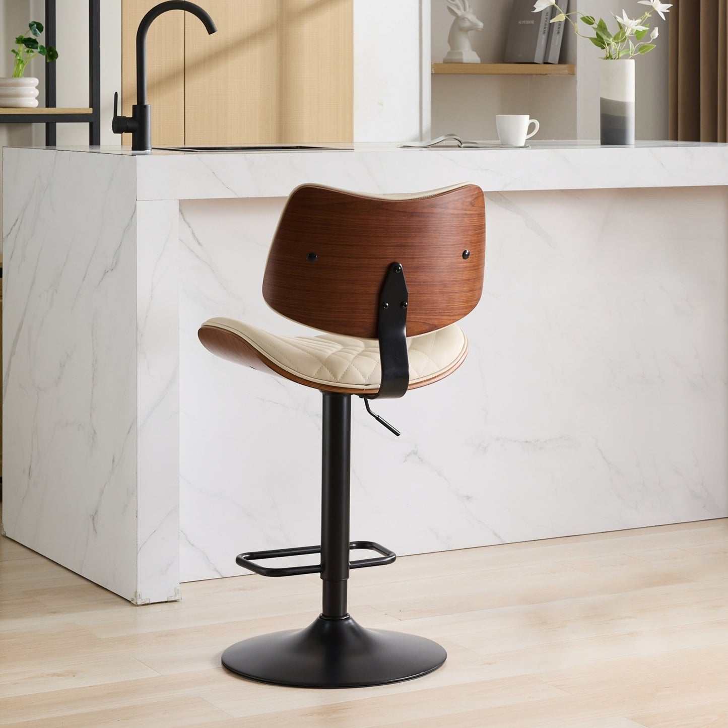 Walnut Bentwood Bar Stools Mid Century Modern Adjustable Counter Height Black Leather Upholstered 360°Swivel Bar Chairs for Kitchen Island/Dining Room/Cafe, 1 chair/1carton,Beige