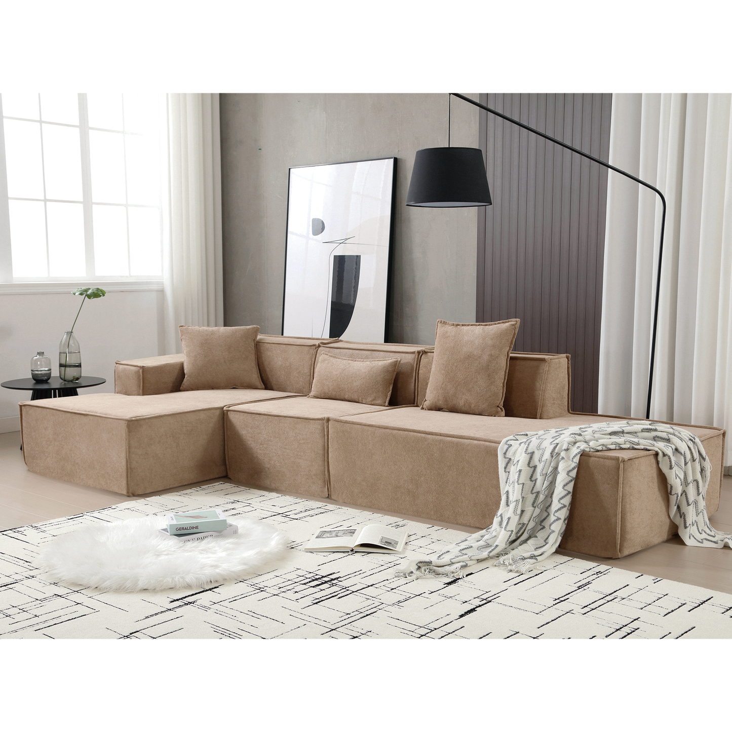 [VIDEO PROVIDED] Modular combination living room sofa set, modern minimalist sofa, free installation sofa, L-shaped, Italian minimalist tofu block sofa, Left-Hand Facing, Light Brown