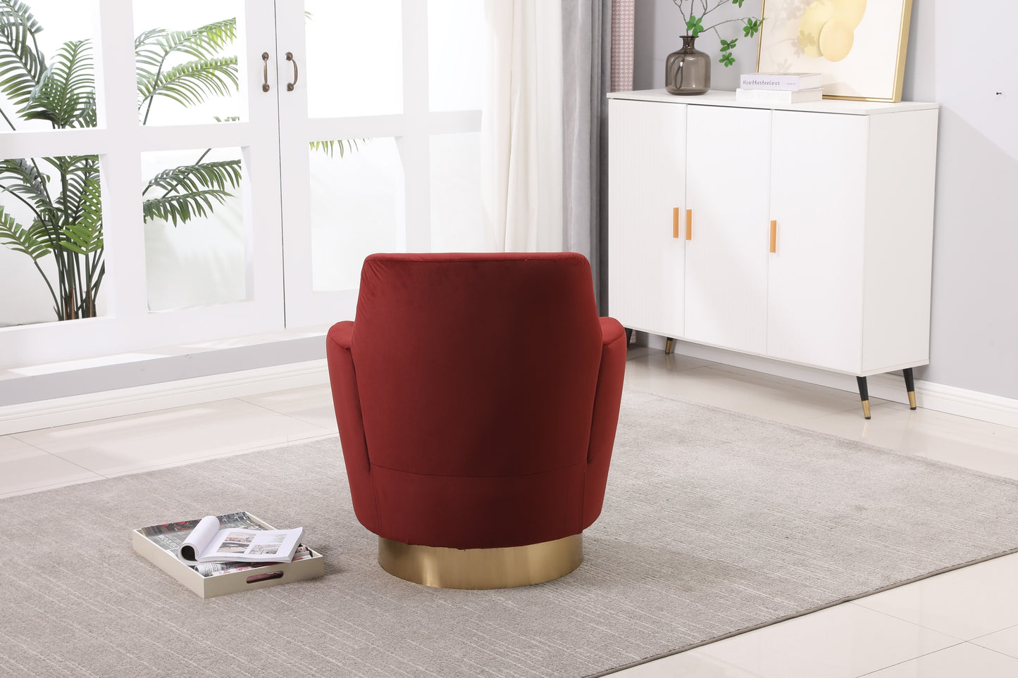 Velvet Swivel Barrel Chair, Swivel Accent Chairs Armchair for Living Room, Reading Chairs for Bedroom Comfy, Round Barrel Chairs with Gold Stainless Steel Base (Brownish red)