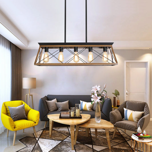 32' Walnut Industrial 5-Light Pendant Chandelier, Modern Metal Cage Design, Adjustable Hanging Light for Dining Room, Kitchen, Living Room (No Bulbs)