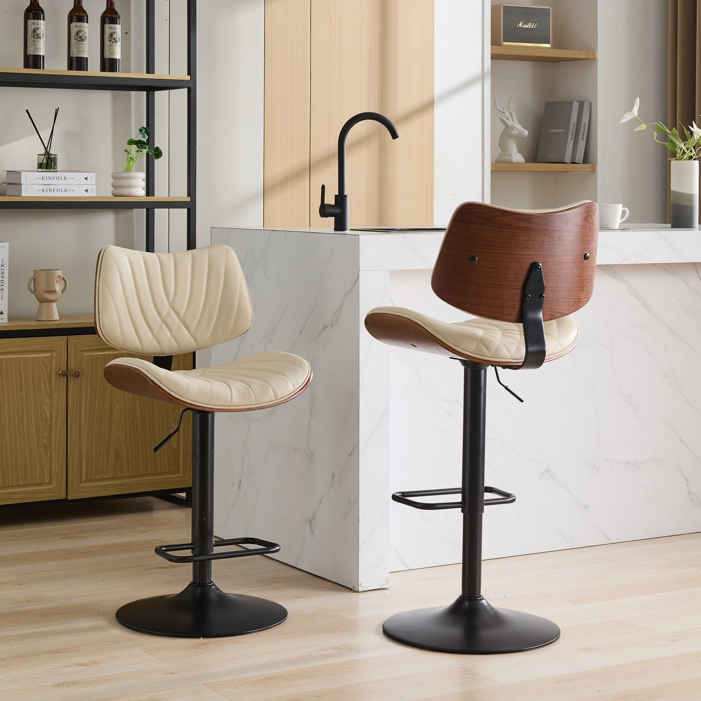 Taburetes de bar de madera curvada de nogal de mediados de siglo, sillas de bar giratorias de 360° tapizadas en cuero negro con altura ajustable para isla de cocina/comedor/café, 1 silla/1 caja,Beige