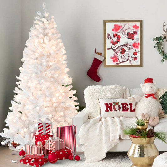 7.5FT Pre-Lit White Christmas Tree with Memory Wire – 450 Warm Incandescent Lights, 1240 Tips, Automatic Unfolding Design, Stable Metal Stand, PVC Artificial Holiday Tree