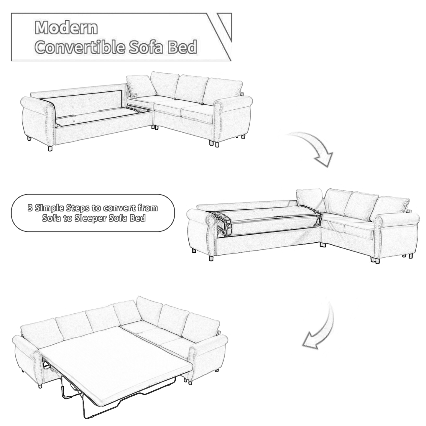 [NUEVO LLEGADO] [VIDEO PROPORCIONADO] Sofá cama, sofá cama extraíble 2 en 1, sofá cama de 6 plazas, sofá cama seccional en forma de L, sofá remachado, sofá cama combinado grande de 104 pulgadas en la sala de estar, gris oscuro