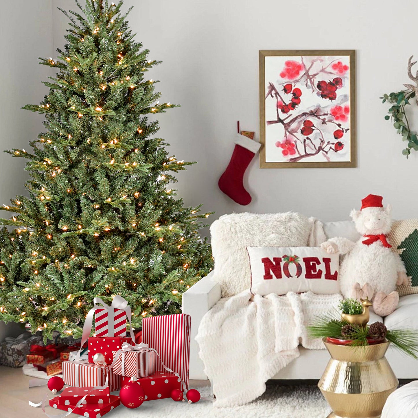 9FT Full-Shape Christmas Tree with 1100 UL Lights – PE/PVC Mixed Branches, 3451Tips, Wide Base for Spacious Areas, Hinged Structure, Stable Metal Stand