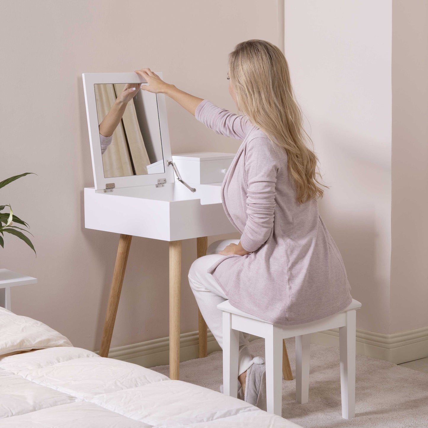 Escritorio de tocador de madera con tapa abatible, espejo, mesa de escritura, escritorio para ordenador, blanco