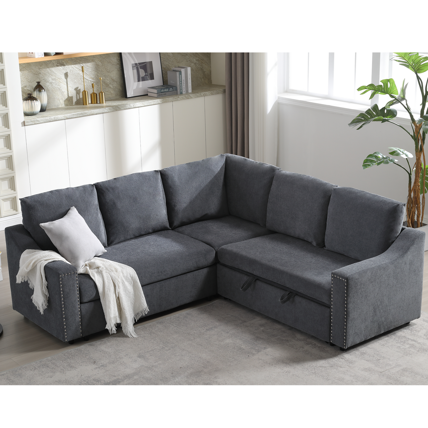 [NEW ARRIVED] [VIDEO PROVIDED]L-shaped sofa with pull-out sofa bed, Corner Sofa,comfortable living room furniture set, sleeper sofa bed,Corner seat for two with broaching sofa,Rivet DeChenille,Gray