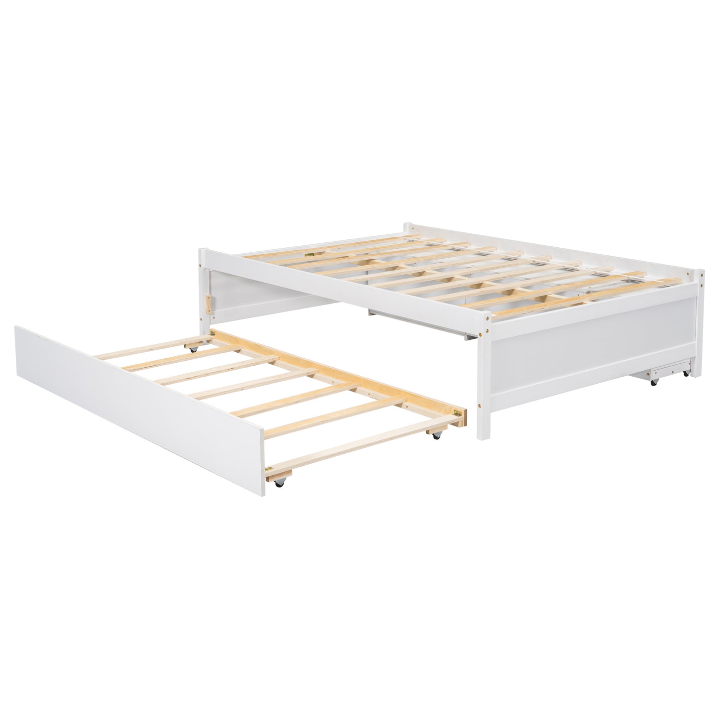 Cama completa versátil con nido, caja de almacenamiento debajo de la cama y mesita de noche. Blanco