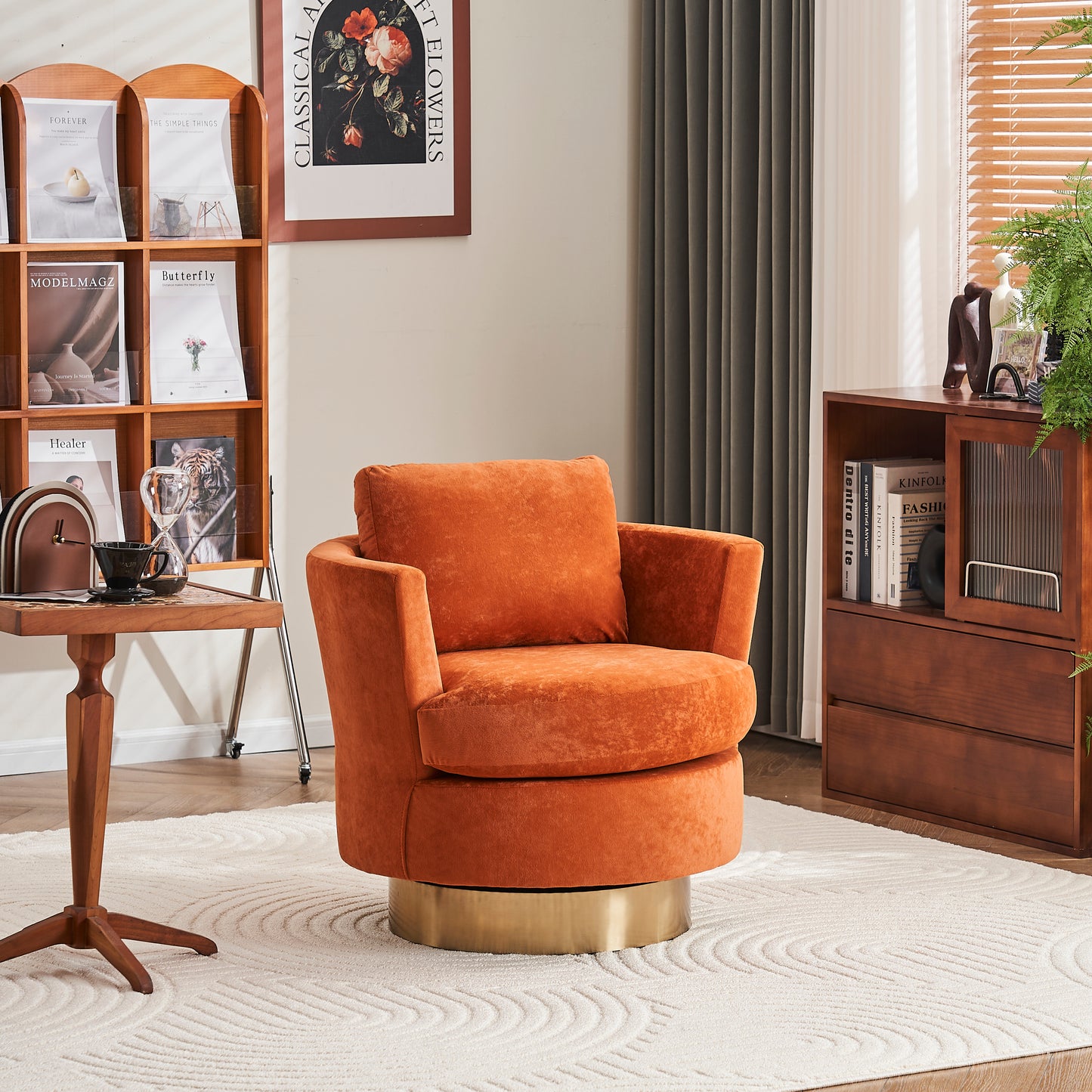 Velvet Swivel Barrel Chair, Swivel Accent Chairs Armchair for Living Room, Reading Chairs for Bedroom Comfy, Round Barrel Chairs with Gold Stainless Steel Base (Orange)