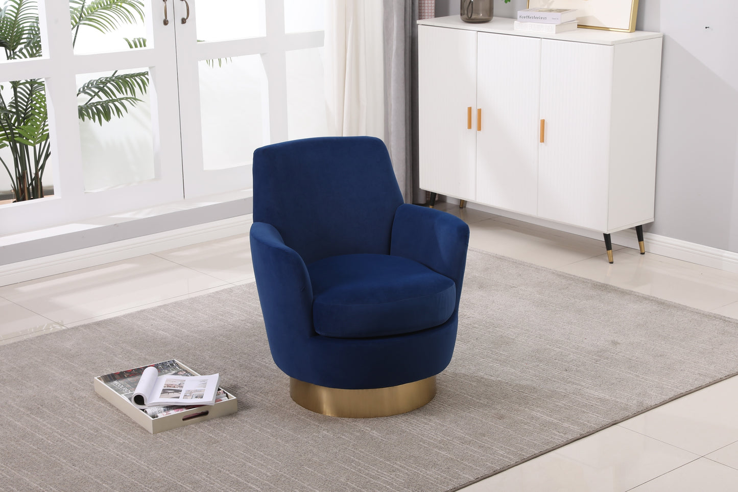 Velvet Swivel Barrel Chair, Swivel Accent Chairs Armchair for Living Room, Reading Chairs for Bedroom Comfy, Round Barrel Chairs with Gold Stainless Steel Base (Navy)