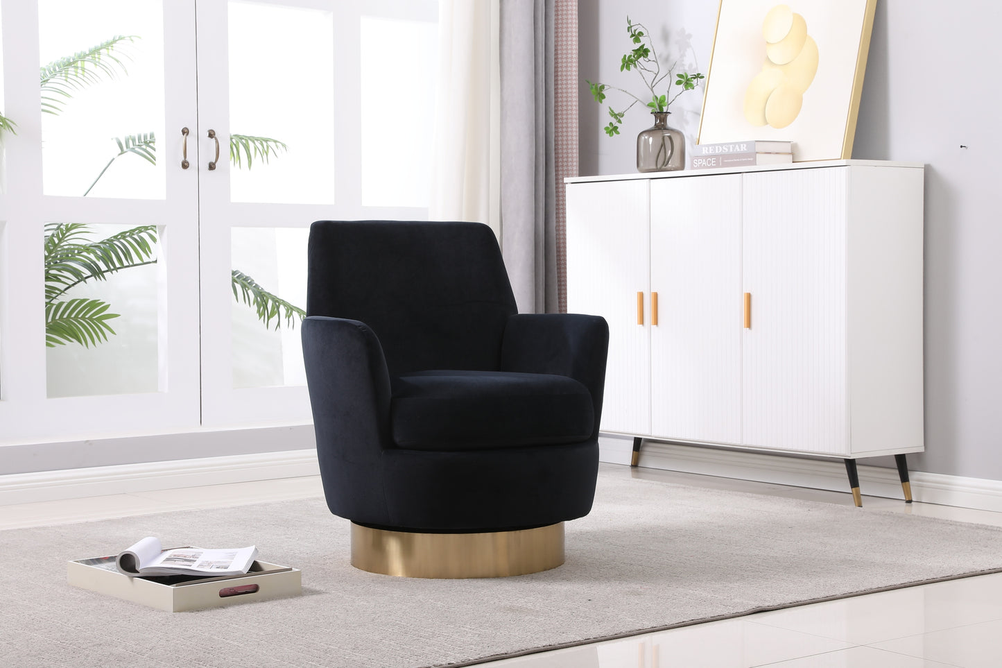 Velvet Swivel Barrel Chair, Swivel Accent Chairs Armchair for Living Room, Reading Chairs for Bedroom Comfy, Round Barrel Chairs with Gold Stainless Steel Base (Black)