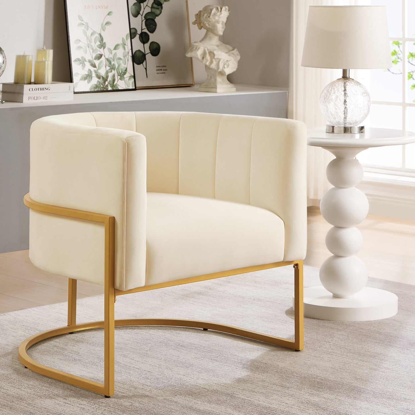 Silla tapizada de terciopelo con soporte de metal dorado,Silla de ocio para sala de estar de mediados de siglo con respaldo curvo -Crema