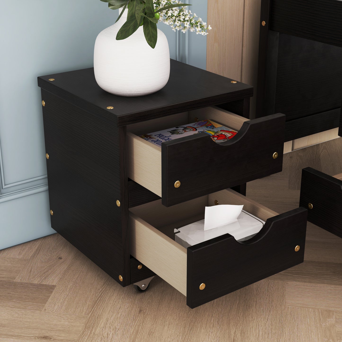 Versatile Full Bed with Trundle,Under bed Storage Box and Nightstand .Espresso