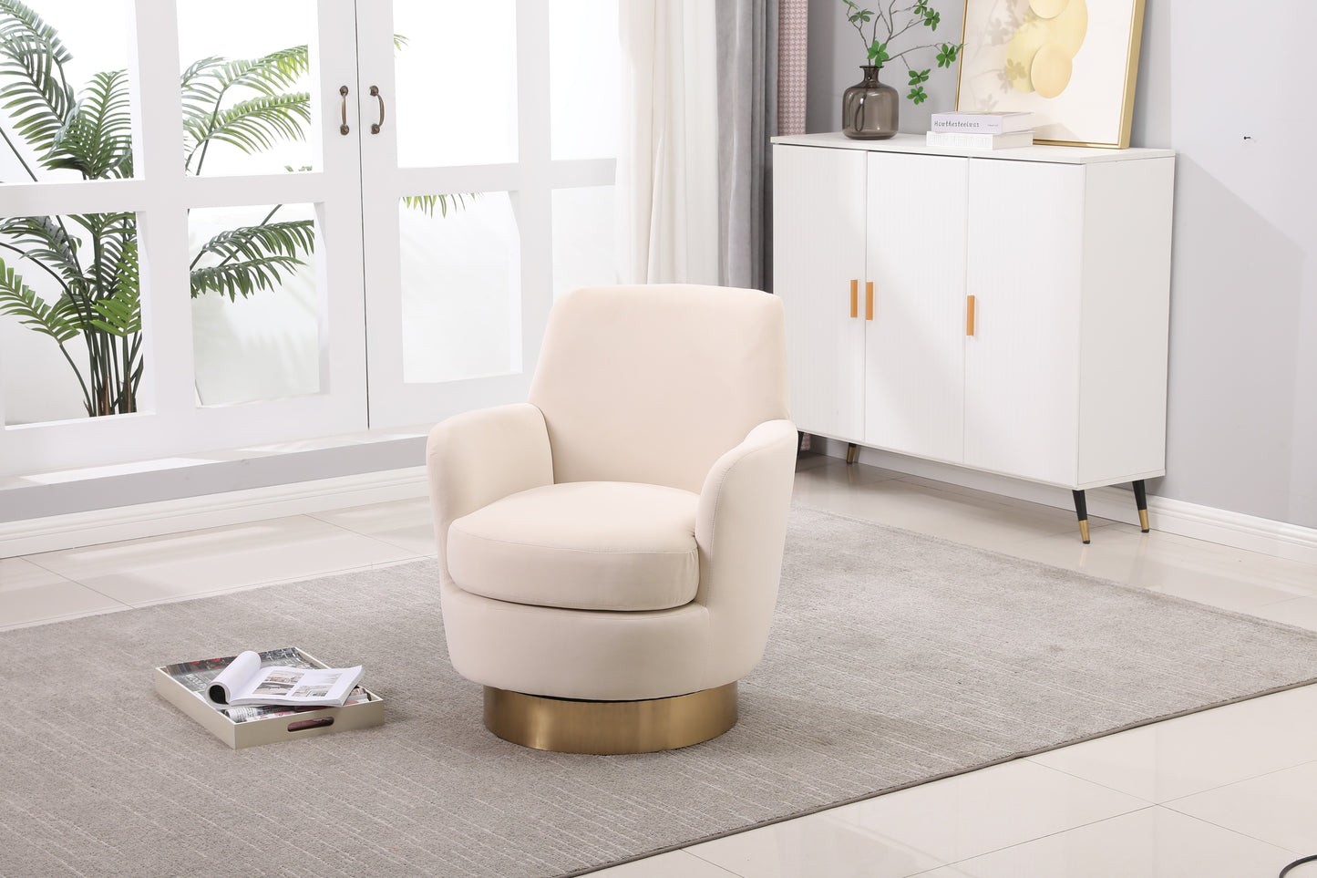 Velvet Swivel Barrel Chair, Swivel Accent Chairs Armchair for Living Room, Reading Chairs for Bedroom Comfy, Round Barrel Chairs with Gold Stainless Steel Base (Beige)