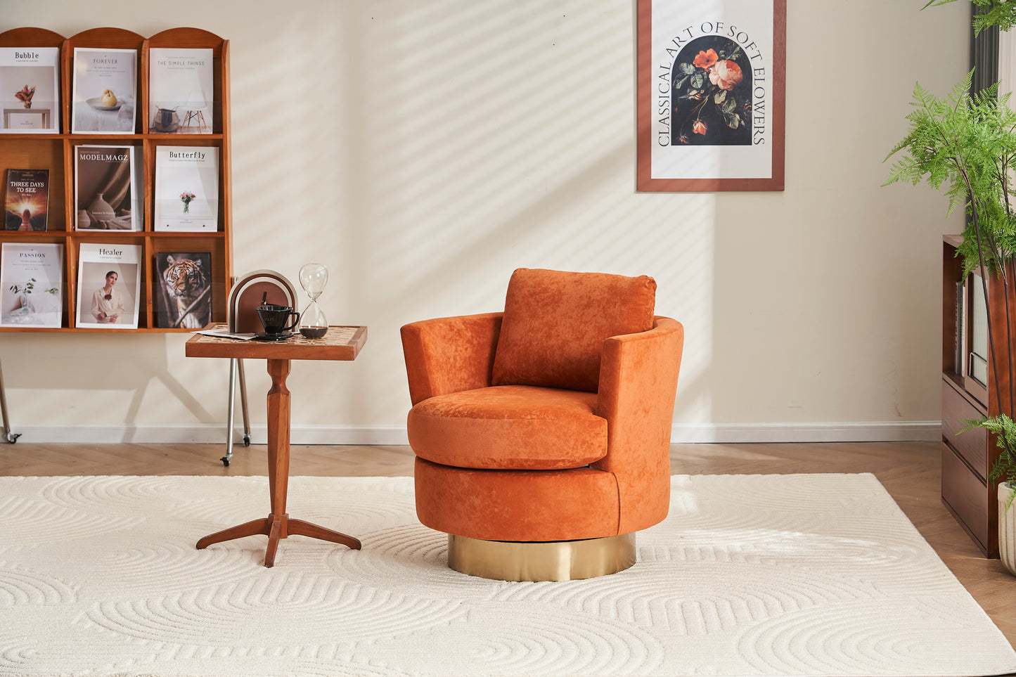 Silla giratoria de terciopelo, sillas giratorias decorativas, sillón para sala de estar, sillas de lectura para dormitorio, cómodas, sillas redondas con base de acero inoxidable dorado (naranja)