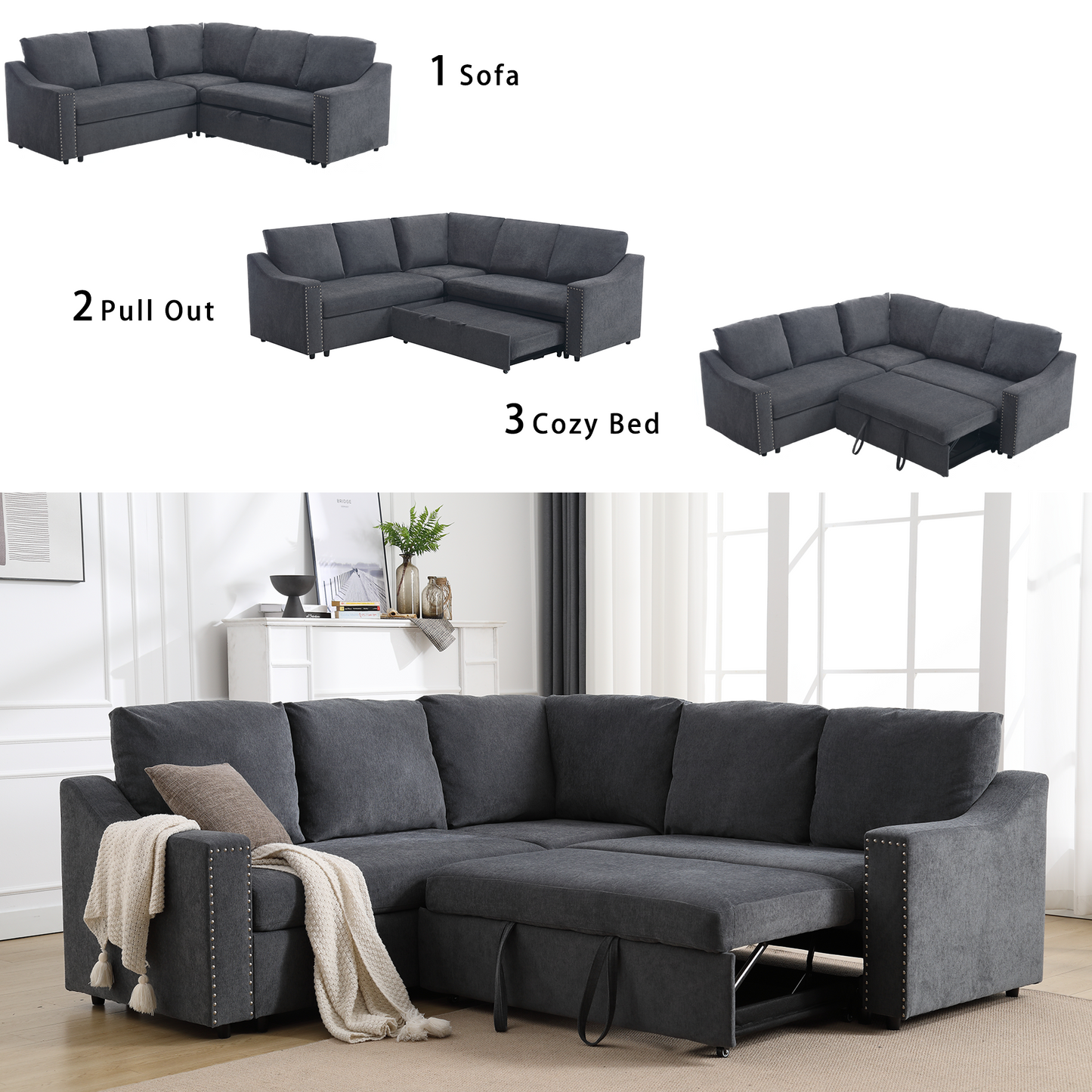 [NEW ARRIVED] [VIDEO PROVIDED]L-shaped sofa with pull-out sofa bed, Corner Sofa,comfortable living room furniture set, sleeper sofa bed,Corner seat for two with broaching sofa,Rivet DeChenille,Gray