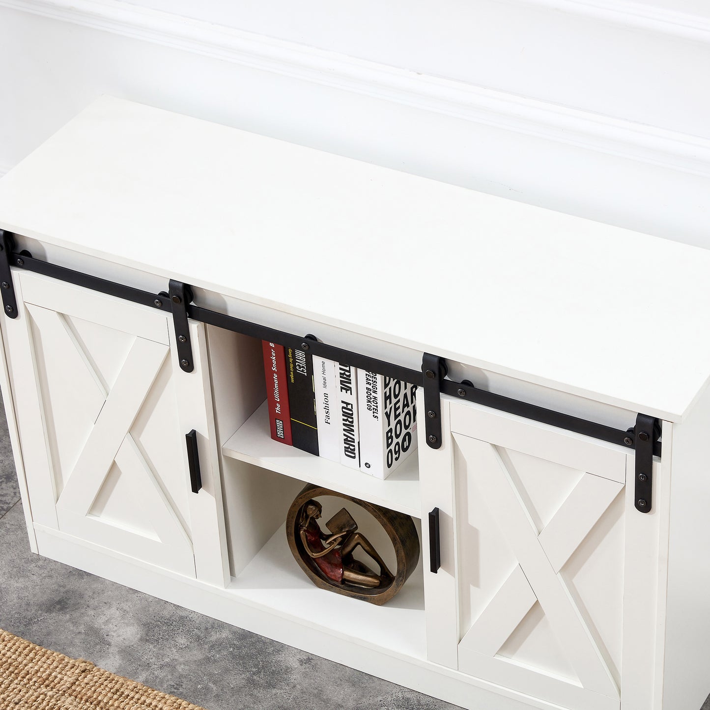 White decorative wooden TV / storage cabinet with two sliding barn doors, available for bedroom, living room, corridor.