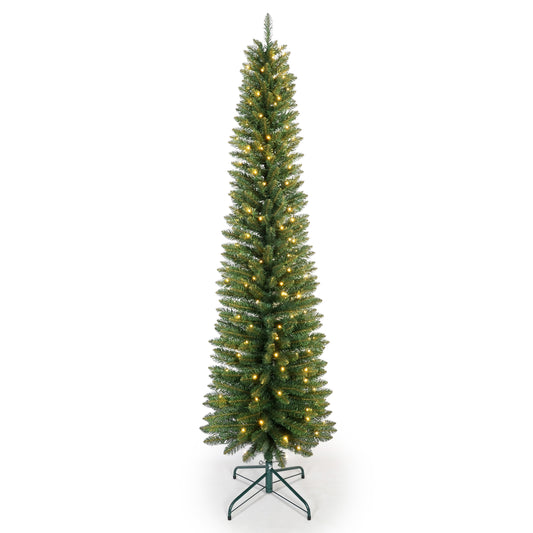 5FT Green Pencil Christmas Tree with 100 Warm White LED Lights – Slim PVC Tree with 263 Tips, Compact Design, Stable Metal Stand, Easy to Assemble