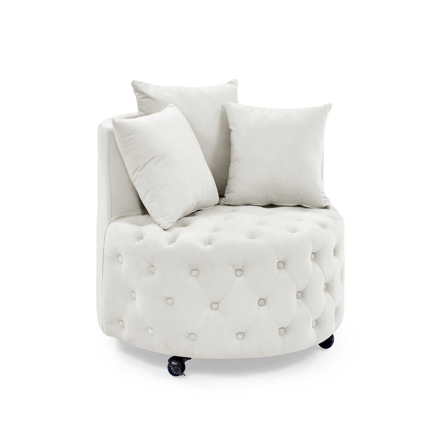 Silla giratoria tapizada en terciopelo para sala de estar, con diseño de botones y ruedas móviles, incluye 3 almohadas, color beige