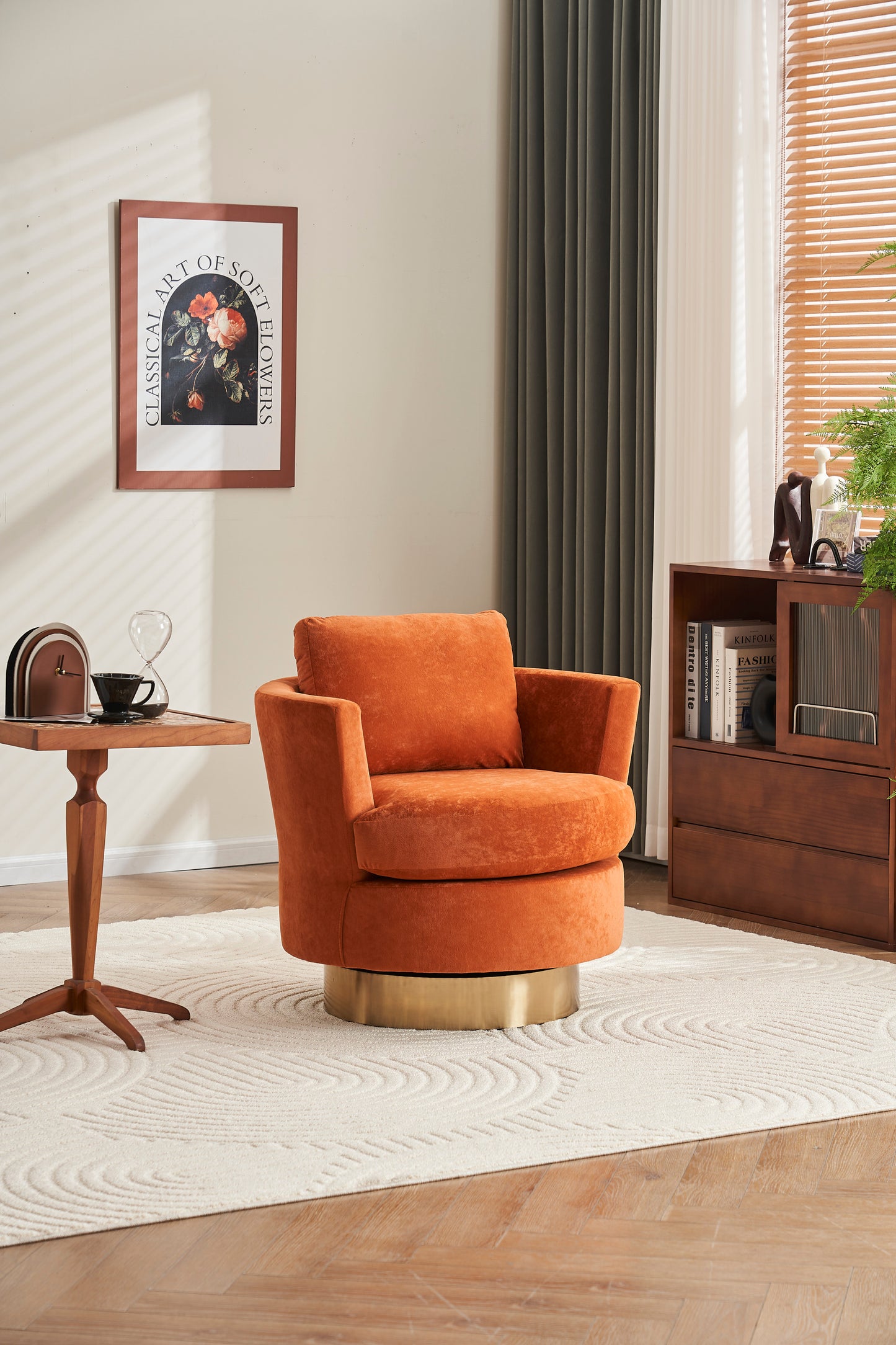 Silla giratoria de terciopelo, sillas giratorias decorativas, sillón para sala de estar, sillas de lectura para dormitorio, cómodas, sillas redondas con base de acero inoxidable dorado (naranja)