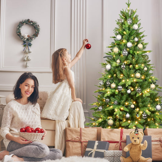 5ft Pre-Lit Christmas Tree with 250 Warm White LED Lights, 850 Tips Realistic PE+PVC Hinged Tree with Metal Stand, Full Artificial Xmas Tree for Holiday Decoration
