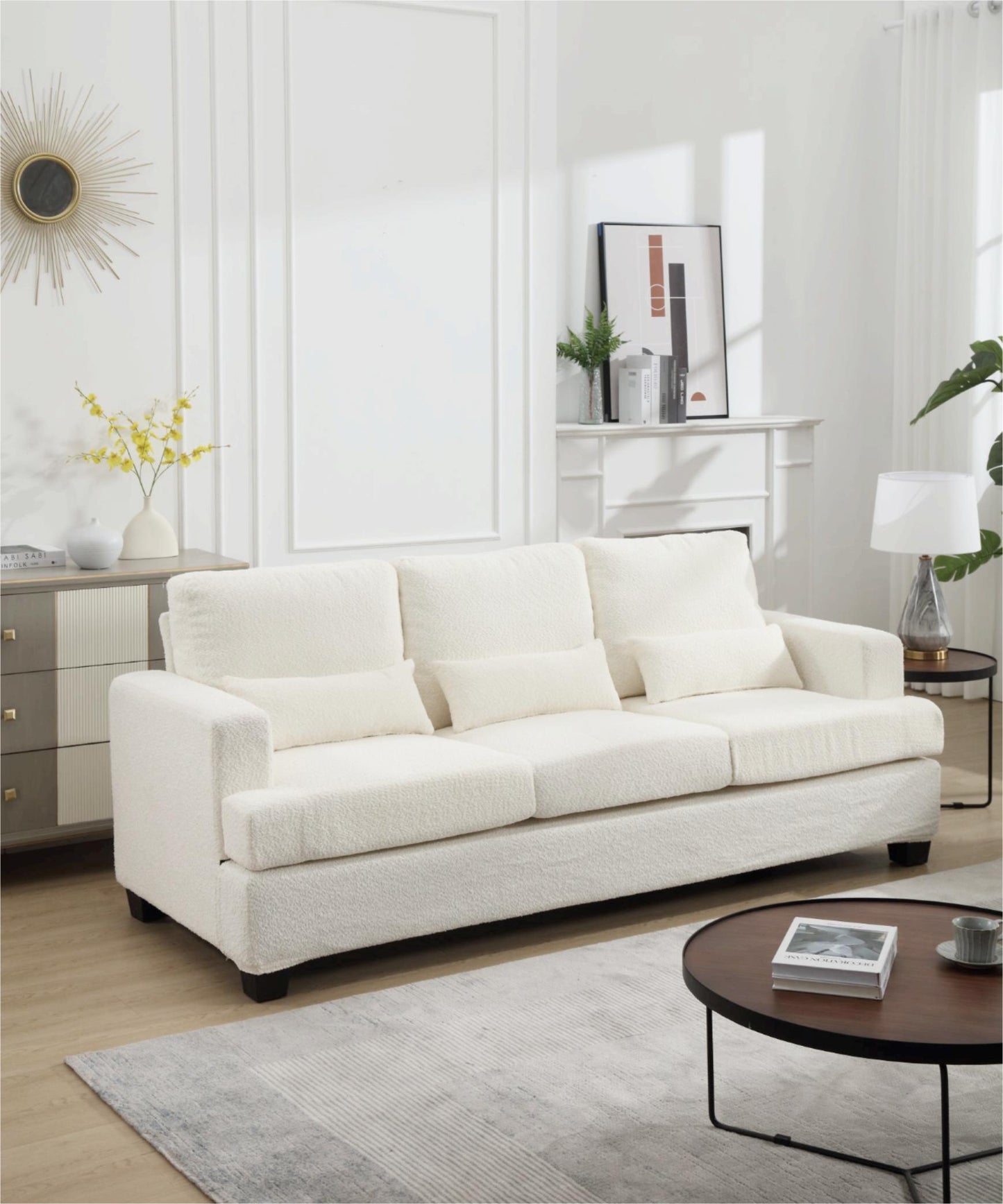 [VIDEO PROVIDED] 88.4" Length Modern Sofas Couches for Living Room, Sofas & couches with Square Armrest, Removable back Cushion and 3pcs waist pillow  (White&Gray Fabric)