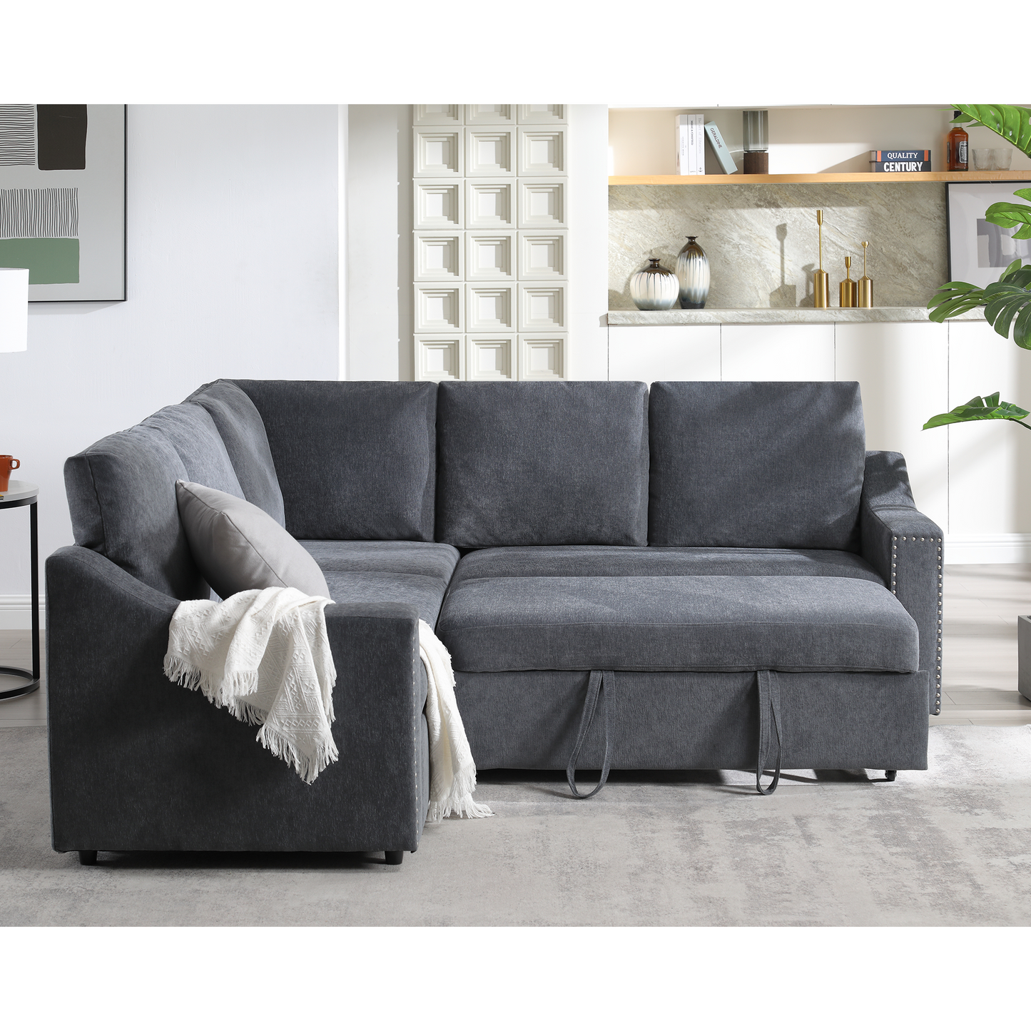 [NEW ARRIVED] [VIDEO PROVIDED]L-shaped sofa with pull-out sofa bed, Corner Sofa,comfortable living room furniture set, sleeper sofa bed,Corner seat for two with broaching sofa,Rivet DeChenille,Gray