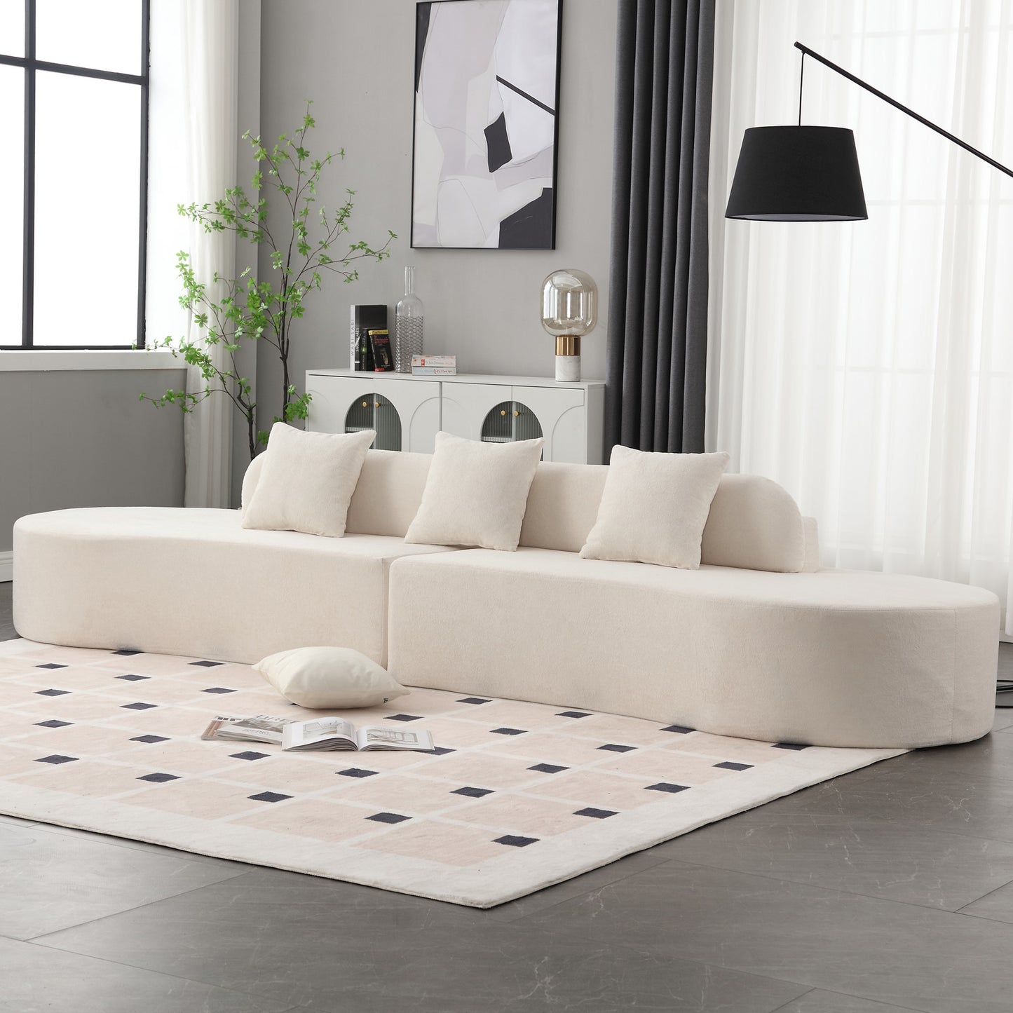 [NEW ARRIVED] [VIDEO PROVIDED] Modern curved combination sofa, terrycloth fabric sofa, minimalist sofa in living room, apartment, no assembly required, three  pillows,Beige