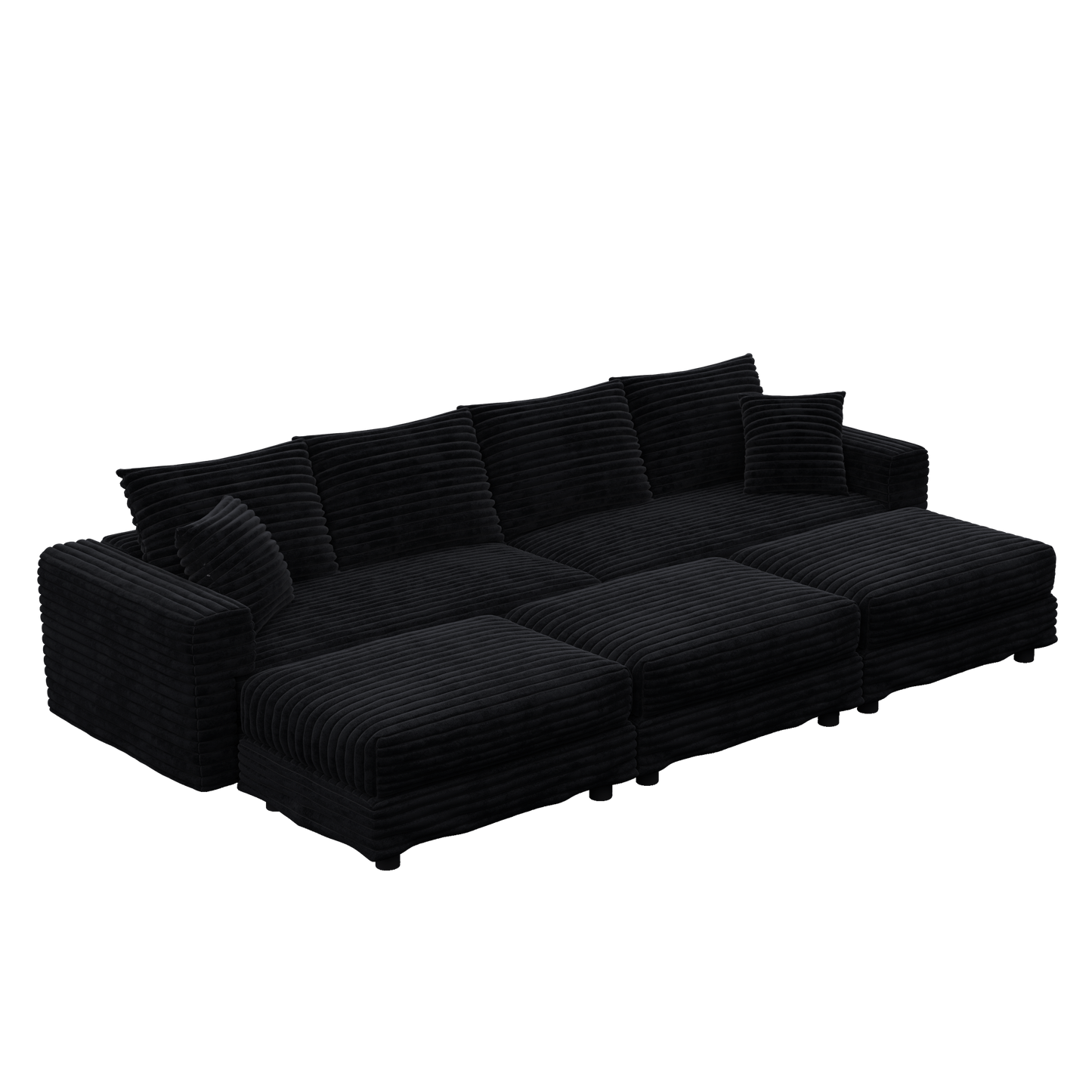 104.3 ' Plush Corduroy 4-Seat Sofa, Modern Comfy Upholstered Sofa Cloud Couch, Deep Seat Couches with Soft Pillows and 3 Ottomans, Convertible Sofa Lounge Chair, for Living Room,Apartment,Office,Black
