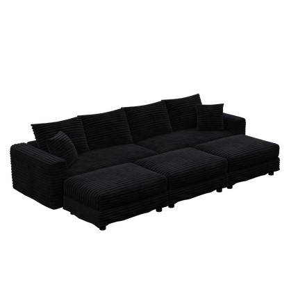104.3 ' Plush Corduroy 4-Seat Sofa, Modern Comfy Upholstered Sofa Cloud Couch, Deep Seat Couches with Soft Pillows and 3 Ottomans, Convertible Sofa Lounge Chair, for Living Room,Apartment,Office,Black