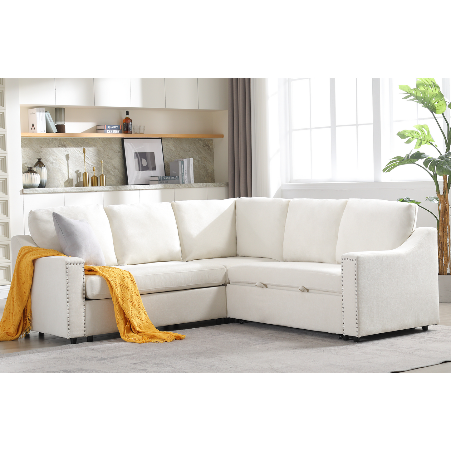 [NEW ARRIVED] [VIDEO PROVIDED]L-shaped sofa with pull-out sofa bed, Corner Sofa,comfortable living room furniture set, sleeper sofa bed,Corner seat for two with broaching sofa,Rivet DeChenille,Beige