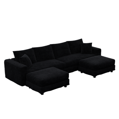 104.3 ' Plush Corduroy 4-Seat Sofa, Modern Comfy Upholstered Sofa Cloud Couch, Deep Seat Couches with Soft Pillows and 2 Ottomans, Convertible Sofa Lounge Chair, for Living Room,Apartment,Office,Black