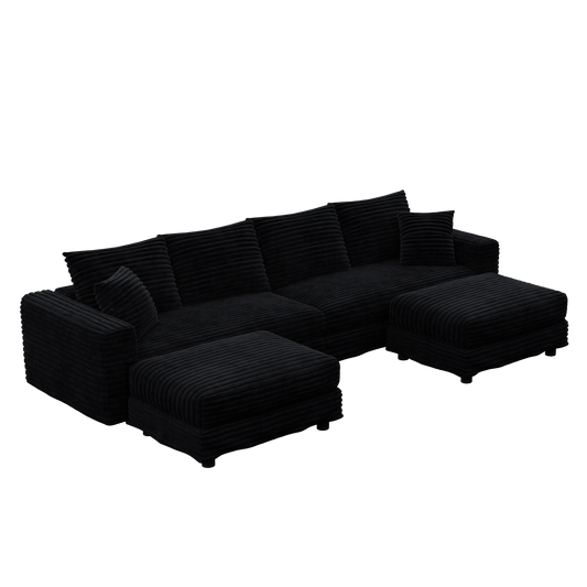 104.3 ' Plush Corduroy 4-Seat Sofa, Modern Comfy Upholstered Sofa Cloud Couch, Deep Seat Couches with Soft Pillows and 2 Ottomans, Convertible Sofa Lounge Chair, for Living Room,Apartment,Office,Black