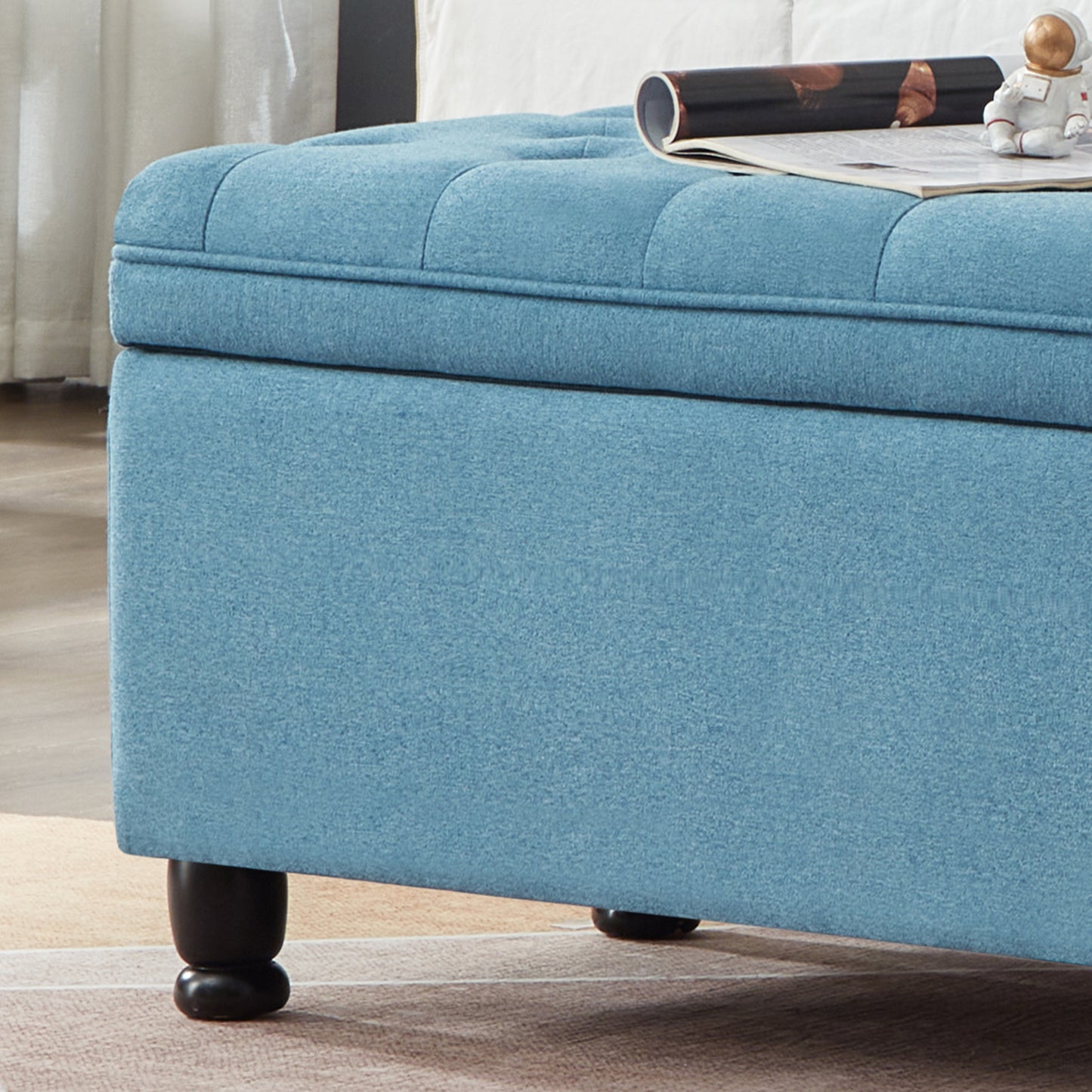 Upholstered tufted button storage bench ,Linen fabric entry bench with spindle wooden legs, Bed bench- Light Blue