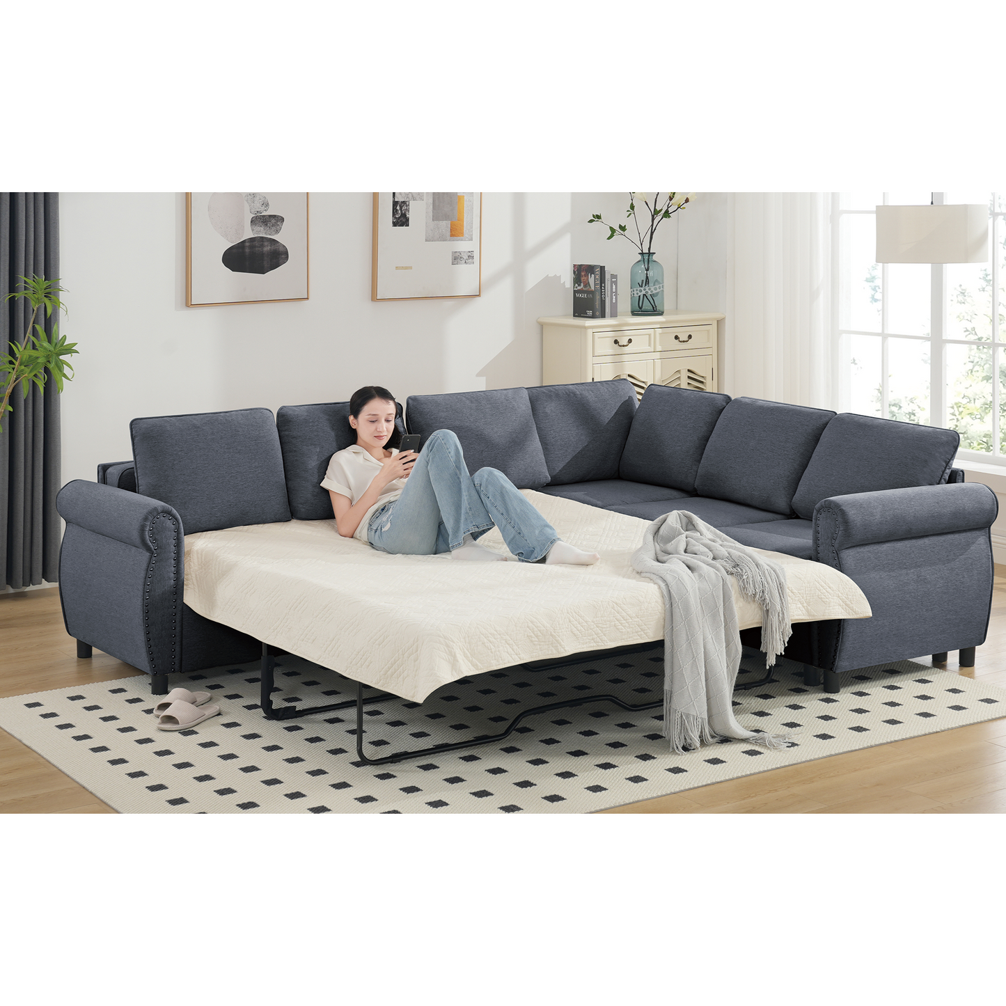 [NEW ARRIVED] [VIDEO PROVIDED] Sleeper Sofa, 2 in 1 Pull Out Couch Bed,6 seater sofa bed, L Shaped Sleeper Sectional Sofa Couch,Riveted sofa,104'' Large combined sofa Bed in living room, Dark Gray