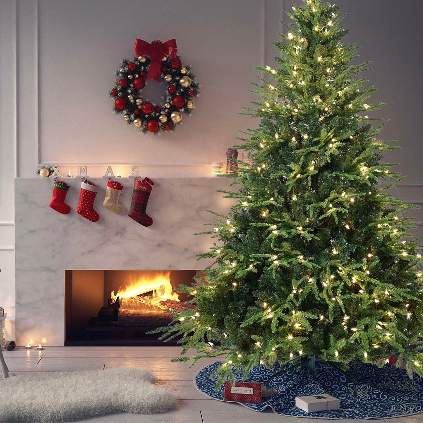 4ft Pre-Lit Artificial Christmas Tree with 150 Warm White Incandescent Lights, 856 Branch Tips, PE+PVC Hinged Pine with Partial Memory Wire Branches, Foldable Metal Stand for Holiday Decoration