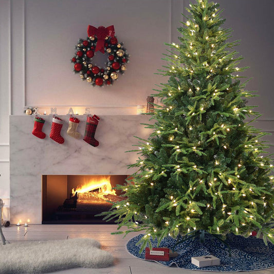 7.5ft Pre-Lit Artificial Christmas Tree with 650 Warm White Incandescent Lights, 3135 Tips, PE+PVC Hinged Pine with Partial Memory Wire Branches, Foldable Metal Stand for Holiday Decoration