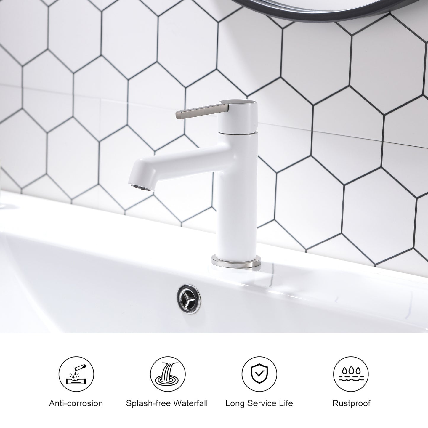 Grifo de baño blanco para lavabo 1 orificio, grifo de lavabo de baño monomando, grifo de lavabo de baño moderno